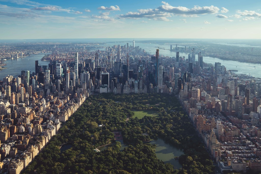 Central Park and Manhattan skyline, aerial view, New York City